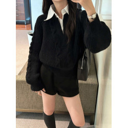 假兩件襯衫拼接翻領灰色套頭毛衣女秋冬加厚寬松慵懶風針織衫上衣