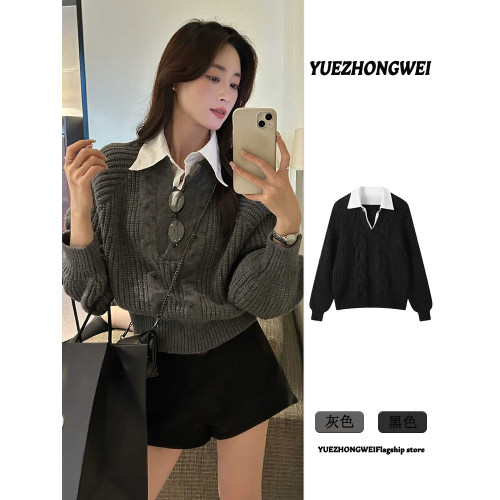 假兩件襯衫拼接翻領灰色套頭毛衣女秋冬加厚寬松慵懶風針織衫上衣