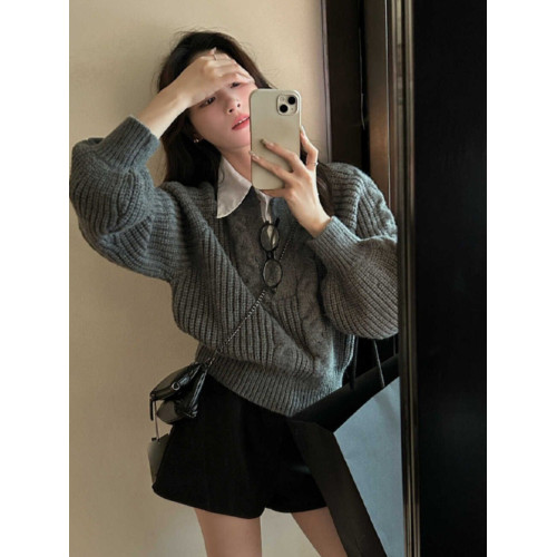 假兩件襯衫拼接翻領灰色套頭毛衣女秋冬加厚寬松慵懶風針織衫上衣