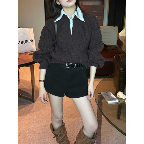 假兩件襯衫拼接翻領灰色套頭毛衣女秋冬加厚寬松慵懶風針織衫上衣