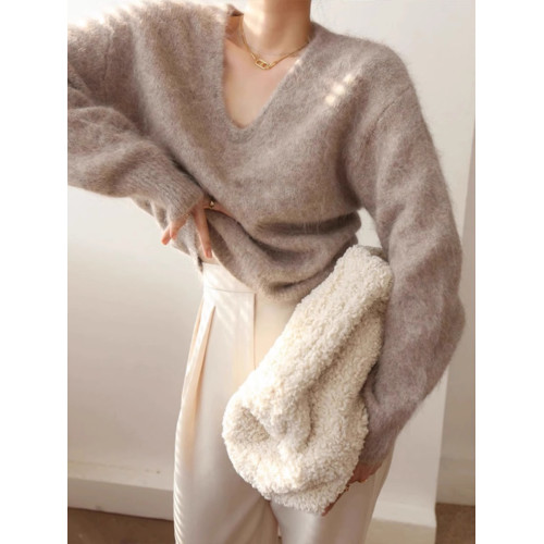 法式v領馬海毛毛衣女秋冬季軟糯寬松長袖內搭針織衫打底短款上衣 法式v領馬海毛毛衣女秋冬季軟糯寬松長袖內搭針織衫打底短款上衣