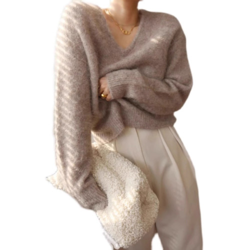 法式v領馬海毛毛衣女秋冬季軟糯寬松長袖內搭針織衫打底短款上衣 法式v領馬海毛毛衣女秋冬季軟糯寬松長袖內搭針織衫打底短款上衣