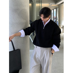 黑色半拉鍊翻領毛衣男春秋季休閒針織長袖POLO衫韓版寬松套頭外套