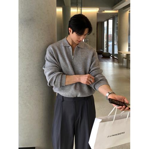 黑色半拉鍊翻領毛衣男春秋季休閒針織長袖POLO衫韓版寬松套頭外套