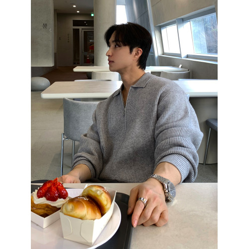 黑色半拉鍊翻領毛衣男春秋季休閒針織長袖POLO衫韓版寬松套頭外套