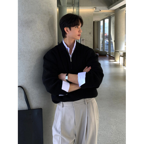 黑色半拉鍊翻領毛衣男春秋季休閒針織長袖POLO衫韓版寬松套頭外套