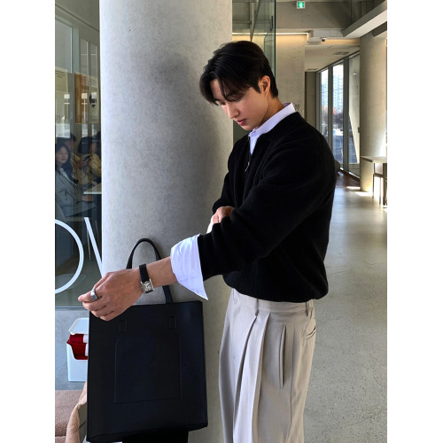 黑色半拉鍊翻領毛衣男春秋季休閒針織長袖POLO衫韓版寬松套頭外套