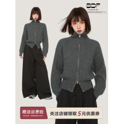 灰色立領雙拉鍊針織毛衣外套女秋冬季小個子加厚高領慵懶開衫上衣