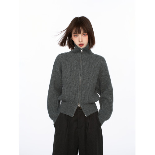 灰色立領雙拉鍊針織毛衣外套女秋冬季小個子加厚高領慵懶開衫上衣 灰色立領雙拉鍊針織毛衣外套女秋冬季小個子加厚高領慵懶開衫上衣