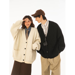 秋冬純色情侶開衫毛衣寬松百搭情侶裝冬季美式休閒復古針織衫外套