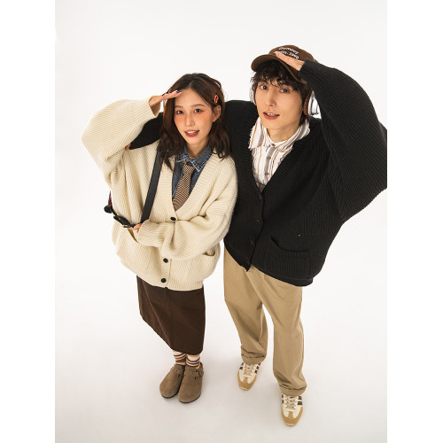 秋冬純色情侶開衫毛衣寬松百搭情侶裝冬季美式休閒復古針織衫外套