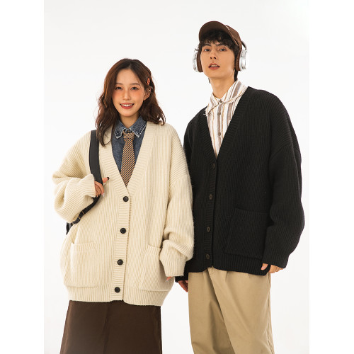 秋冬純色情侶開衫毛衣寬松百搭情侶裝冬季美式休閒復古針織衫外套