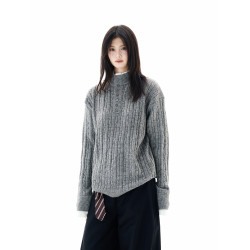 OEOT美式假兩件設計麻花亨利領毛衣男女慵懶高級感寬松套頭針織衫