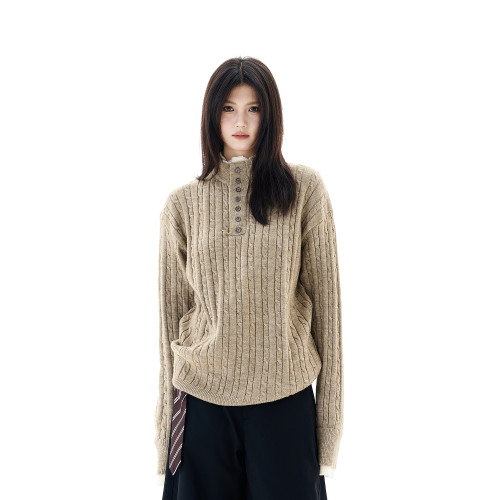 OEOT美式假兩件設計麻花亨利領毛衣男女慵懶高級感寬松套頭針織衫