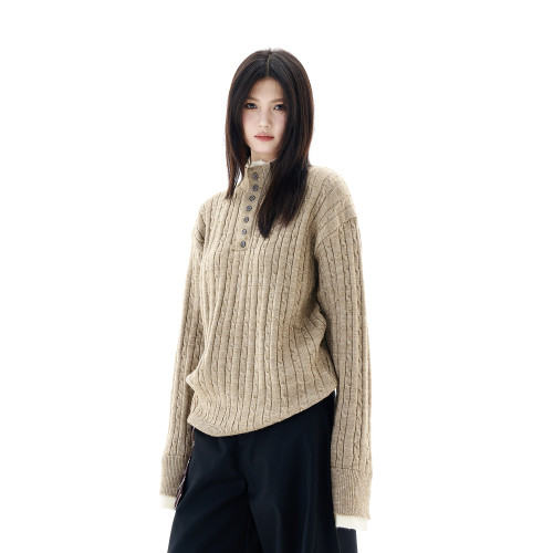 OEOT美式假兩件設計麻花亨利領毛衣男女慵懶高級感寬松套頭針織衫