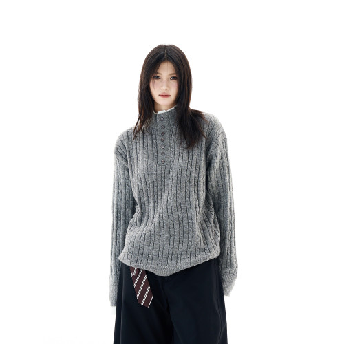 OEOT美式假兩件設計麻花亨利領毛衣男女慵懶高級感寬松套頭針織衫