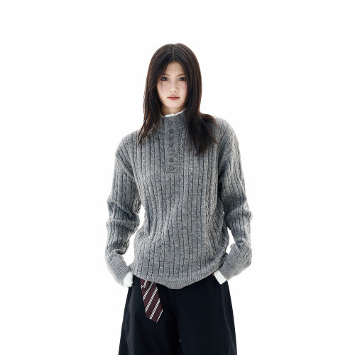 OEOT美式假兩件設計麻花亨利領毛衣男女慵懶高級感寬松套頭針織衫