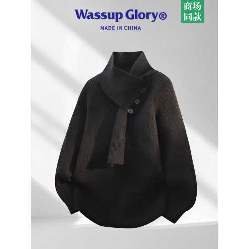 WASSUP GLORY設計感圍巾領針織衫男冬季2025新款寬松保暖套頭毛衣