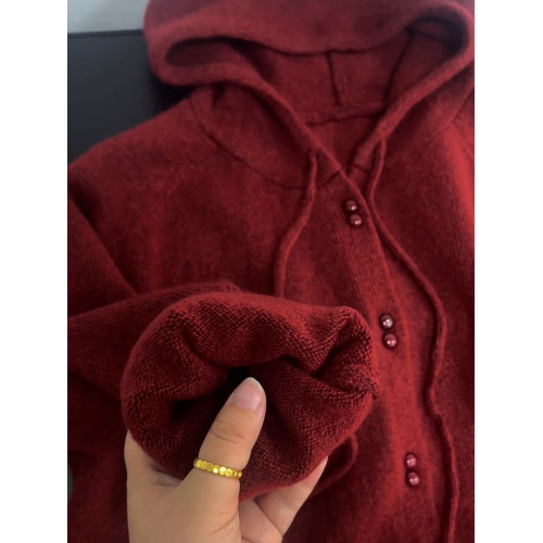 聖誕紅色連帽毛衣外套女秋冬季2025新款慵懶風高級感針織開衫上衣 聖誕紅色連帽毛衣外套女秋冬季2025新款慵懶風高級感針織開衫上衣