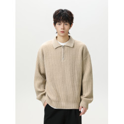 悟空有貨復古高級感純色半拉鍊POLO領毛衣男秋季寬松情侶針織上衣