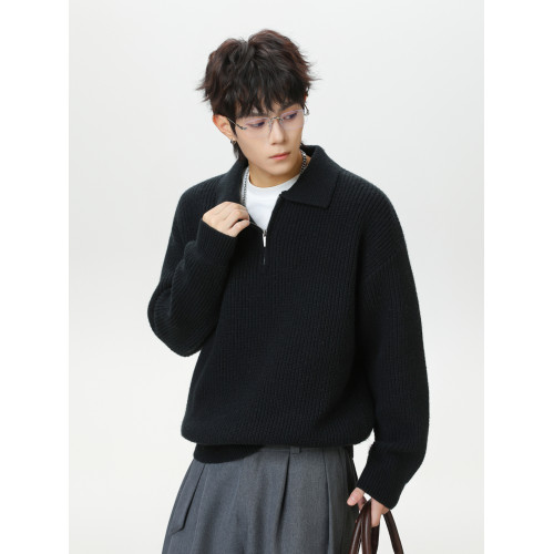 悟空有貨復古高級感純色半拉鍊POLO領毛衣男秋季寬松情侶針織上衣