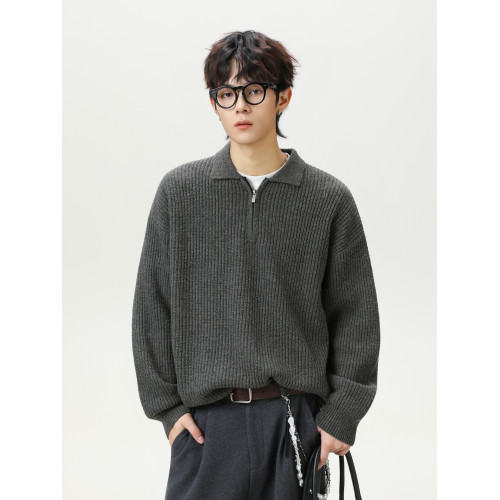 悟空有貨復古高級感純色半拉鍊POLO領毛衣男秋季寬松情侶針織上衣