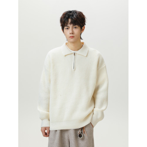 悟空有貨復古高級感純色半拉鍊POLO領毛衣男秋季寬松情侶針織上衣