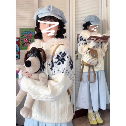 慵懶風藍白色費爾島連帽毛衣外套女秋冬季2025年新款寬松針織開衫