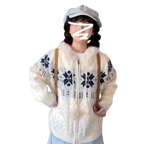 慵懶風藍白色費爾島連帽毛衣外套女秋冬季2025年新款寬松針織開衫 慵懶風藍白色費爾島連帽毛衣外套女秋冬季2025年新款寬松針織開衫