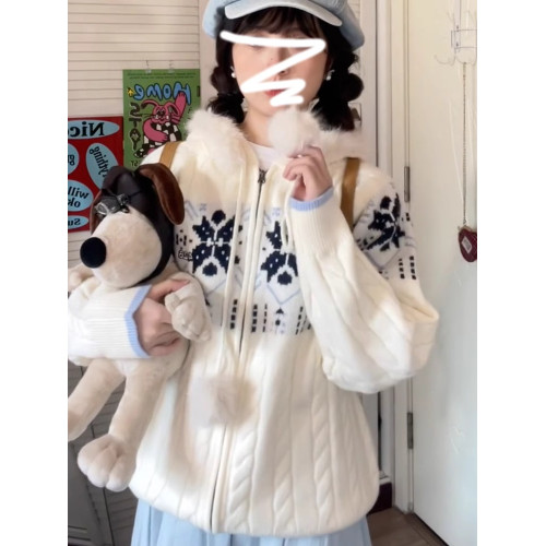 慵懶風藍白色費爾島連帽毛衣外套女秋冬季2025年新款寬松針織開衫 慵懶風藍白色費爾島連帽毛衣外套女秋冬季2025年新款寬松針織開衫