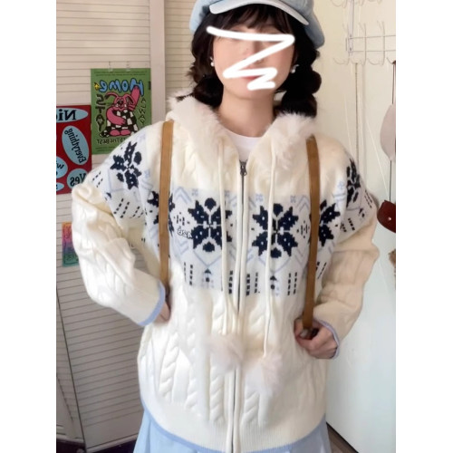 慵懶風藍白色費爾島連帽毛衣外套女秋冬季2025年新款寬松針織開衫 慵懶風藍白色費爾島連帽毛衣外套女秋冬季2025年新款寬松針織開衫