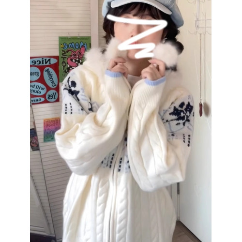 慵懶風藍白色費爾島連帽毛衣外套女秋冬季2025年新款寬松針織開衫 慵懶風藍白色費爾島連帽毛衣外套女秋冬季2025年新款寬松針織開衫