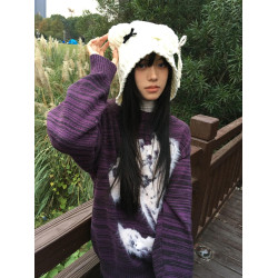 紫色水貂毛毛衣女慵懶風春季設計感條紋長袖針織衫寬松圓領上衣潮