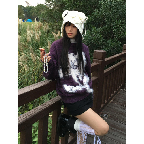 紫色水貂毛毛衣女慵懶風春季設計感條紋長袖針織衫寬松圓領上衣潮