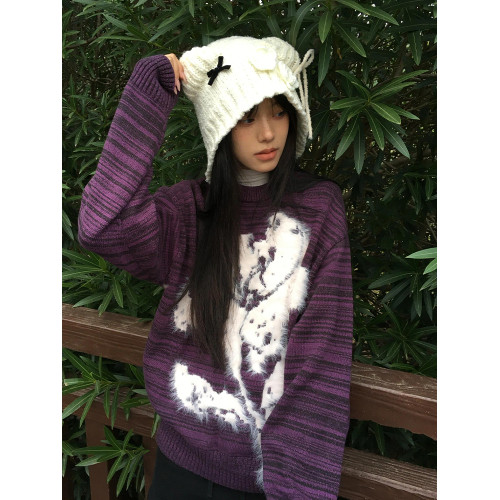 紫色水貂毛毛衣女慵懶風春季設計感條紋長袖針織衫寬松圓領上衣潮