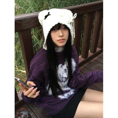 紫色水貂毛毛衣女慵懶風春季設計感條紋長袖針織衫寬松圓領上衣潮