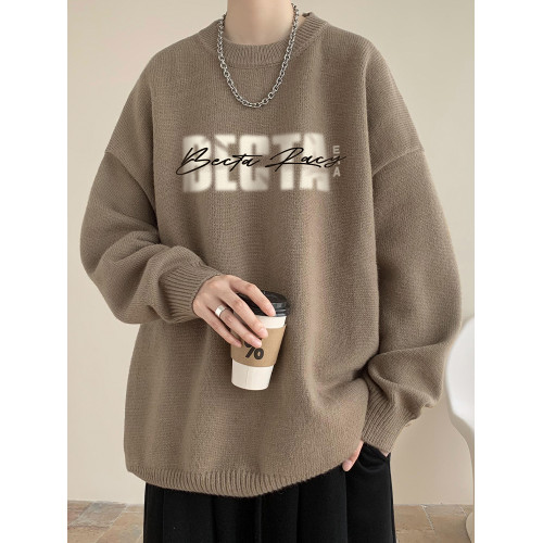 字母印花毛衣男秋冬季美式潮牌寬松圓領套頭針織衫慵懶風線衣外套