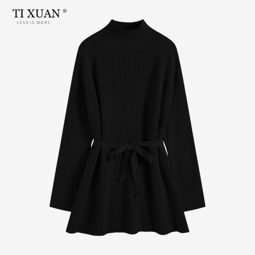 秋冬韓系氣質半高領系帶寬松遮屁股顯瘦中長款針織打底衫毛衣裙子 秋冬韓系氣質半高領系帶寬松遮屁股顯瘦中長款針織打底衫毛衣裙子