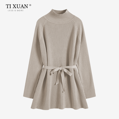 秋冬韓系氣質半高領系帶寬松遮屁股顯瘦中長款針織打底衫毛衣裙子 秋冬韓系氣質半高領系帶寬松遮屁股顯瘦中長款針織打底衫毛衣裙子