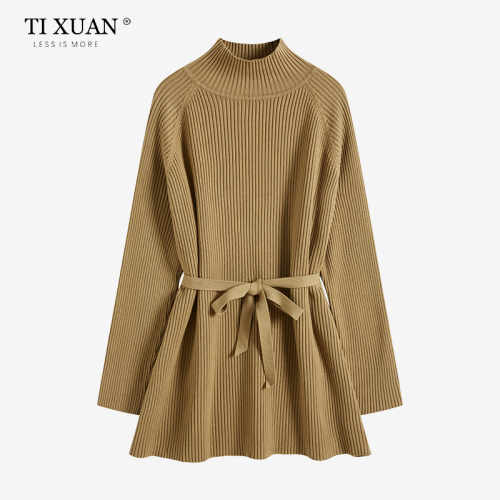 秋冬韓系氣質半高領系帶寬松遮屁股顯瘦中長款針織打底衫毛衣裙子 秋冬韓系氣質半高領系帶寬松遮屁股顯瘦中長款針織打底衫毛衣裙子