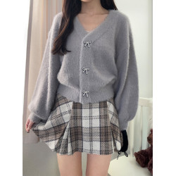 櫻花妹妹日系GRL水貂絨羽毛針織V領開衫軟糯糯緞帶蝴蝶結胸針紐釦