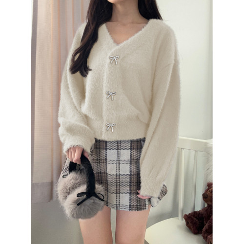 櫻花妹妹日系GRL水貂絨羽毛針織V領開衫軟糯糯緞帶蝴蝶結胸針紐釦 櫻花妹妹日系GRL水貂絨羽毛針織V領開衫軟糯糯緞帶蝴蝶結胸針紐釦