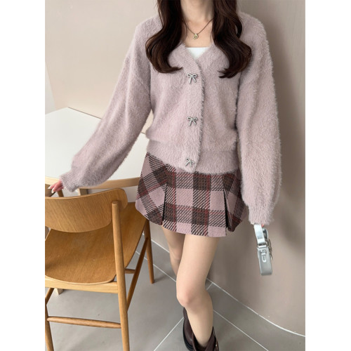 櫻花妹妹日系GRL水貂絨羽毛針織V領開衫軟糯糯緞帶蝴蝶結胸針紐釦 櫻花妹妹日系GRL水貂絨羽毛針織V領開衫軟糯糯緞帶蝴蝶結胸針紐釦