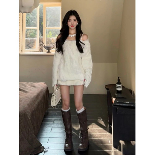 白色仿水貂毛一字肩針織衫上衣慵懶高級設計感小衆毛衣女秋冬新款 白色仿水貂毛一字肩針織衫上衣慵懶高級設計感小衆毛衣女秋冬新款