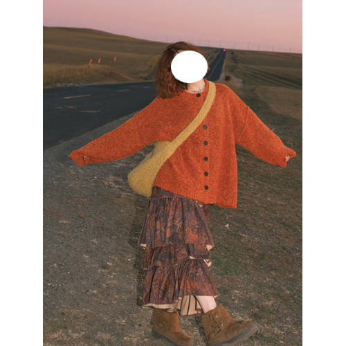 韓系復古慵懶風橘色軟糯毛衣外套女秋冬中長款設計感加厚針織開衫