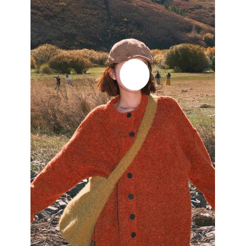 韓系復古慵懶風橘色軟糯毛衣外套女秋冬中長款設計感加厚針織開衫