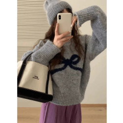 韓系甜美減齡蝴蝶結圓領長袖毛衣女秋冬日系軟糯外穿針織衫上衣