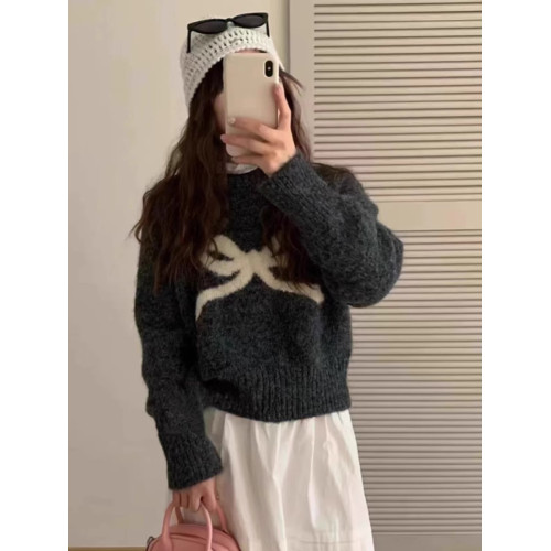 韓系甜美減齡蝴蝶結圓領長袖毛衣女秋冬日系軟糯外穿針織衫上衣