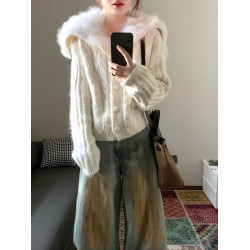 白色海軍領仿狐狸毛針織開衫女2025秋冬新款軟糯寬松顯瘦毛衣外套