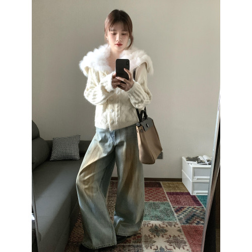 白色海軍領仿狐狸毛針織開衫女2025秋冬新款軟糯寬松顯瘦毛衣外套 白色海軍領仿狐狸毛針織開衫女2025秋冬新款軟糯寬松顯瘦毛衣外套